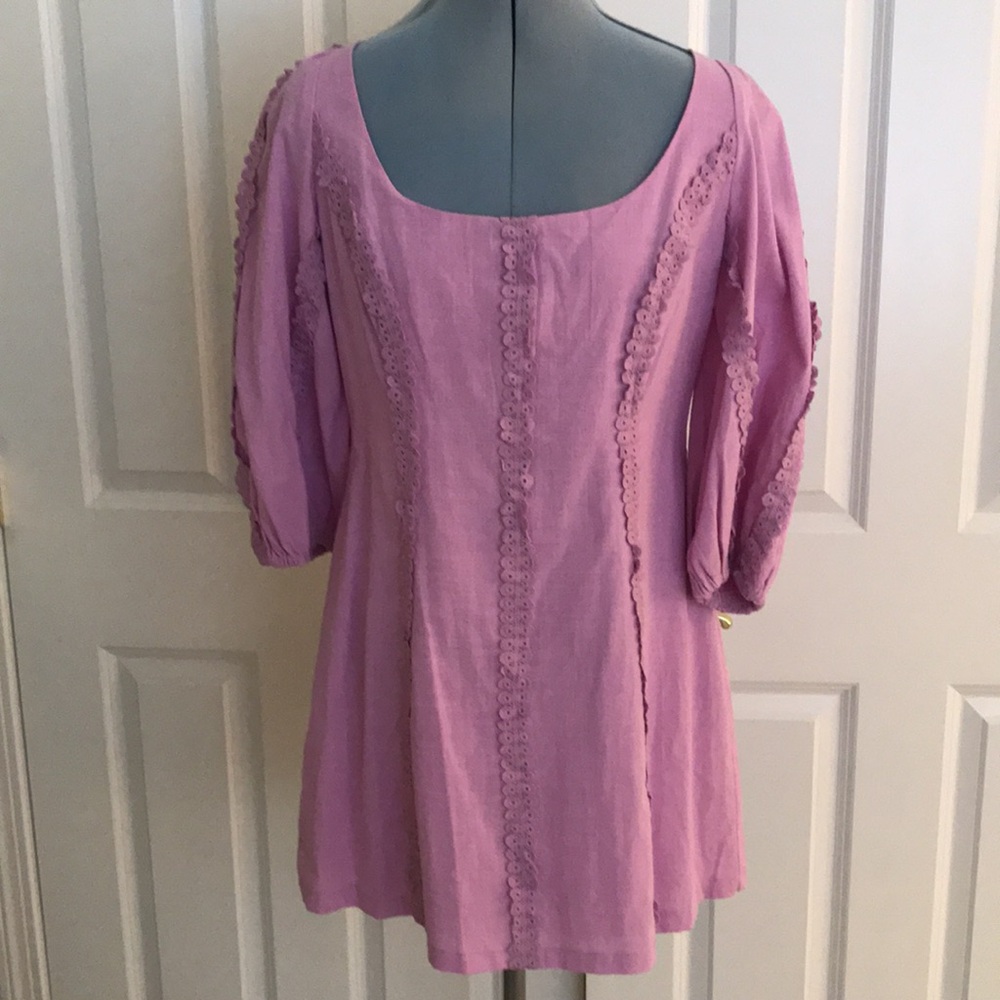 New Morning Mist Lavender Pale Purple Linen Look Mini Dress Crochet Embe…